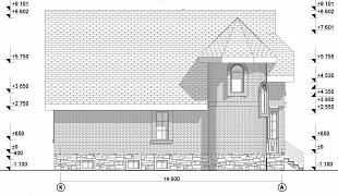 Проект дома с цоколем и мансардой 93/ag-5. Фасад 4.